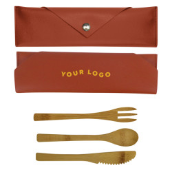 3-Piece Bamboo Utensil Set in Leatherette Pouch